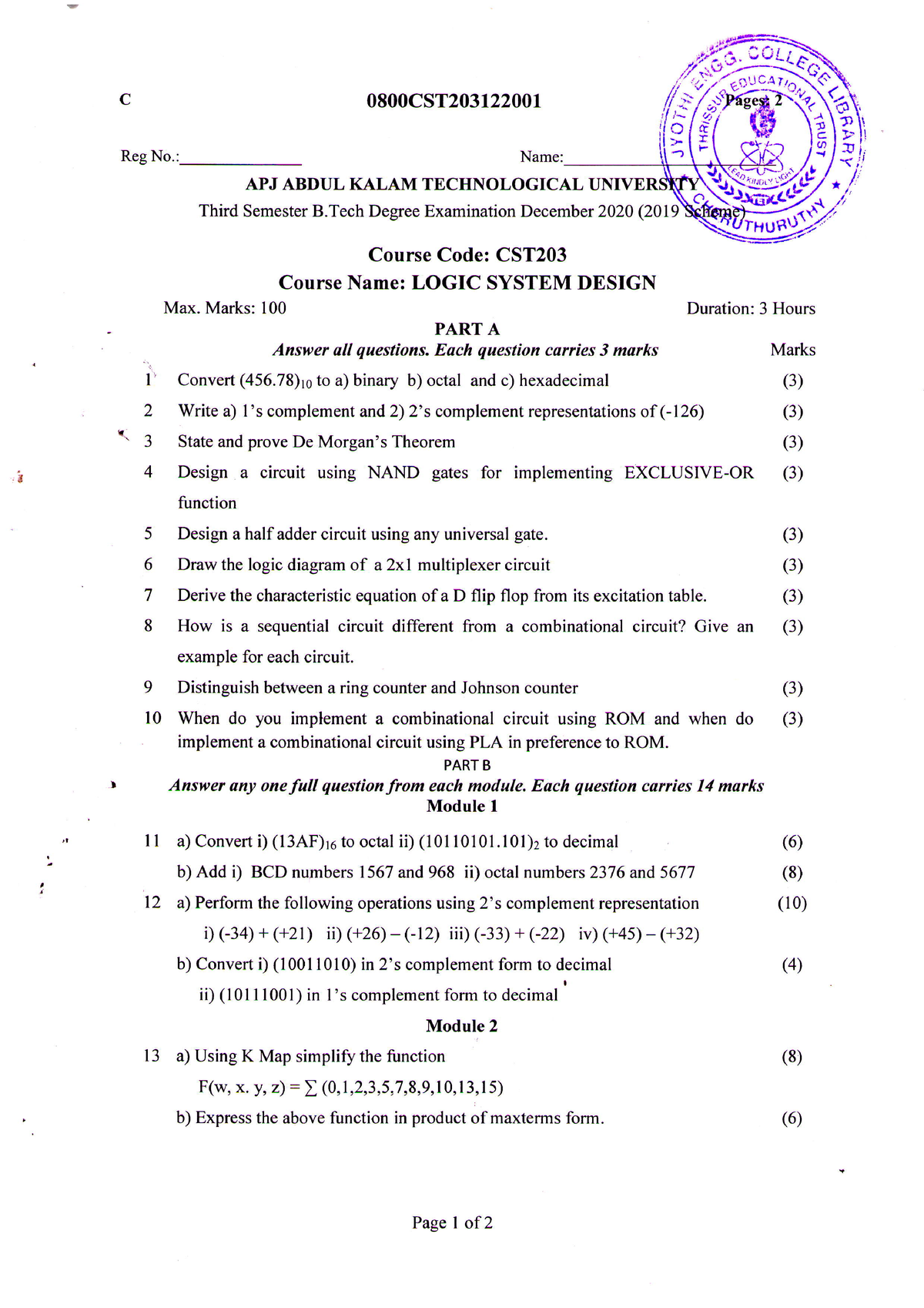 CST-203 LSD, Dec 2020 - logic system design - C Reg No ...