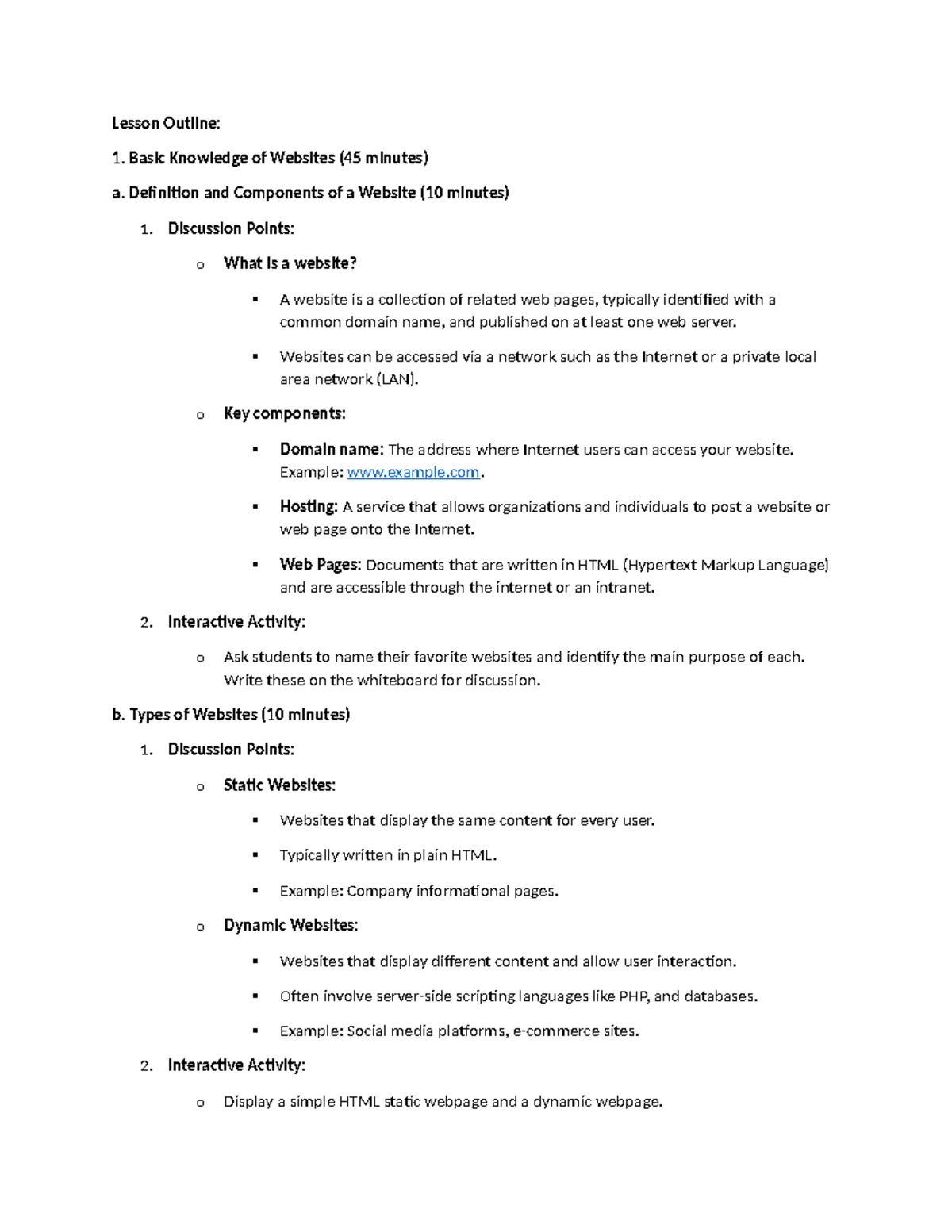 Web Dev 2 Lesson 1 Lesson Outline - Lesson Outline: 1. Basic Knowledge ...