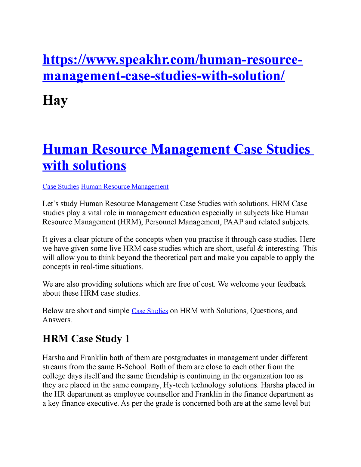 human resource case study with solutions