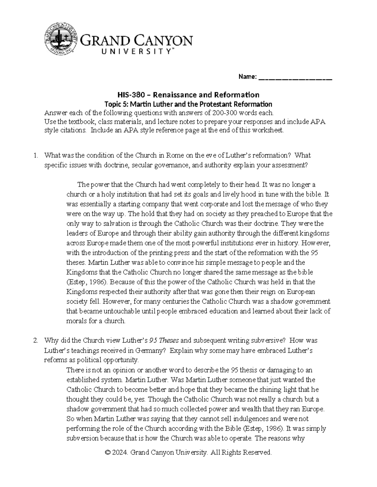 HIS 380 RS T5 Martin Lutherandthe Protestant Reformation Worksheet Name