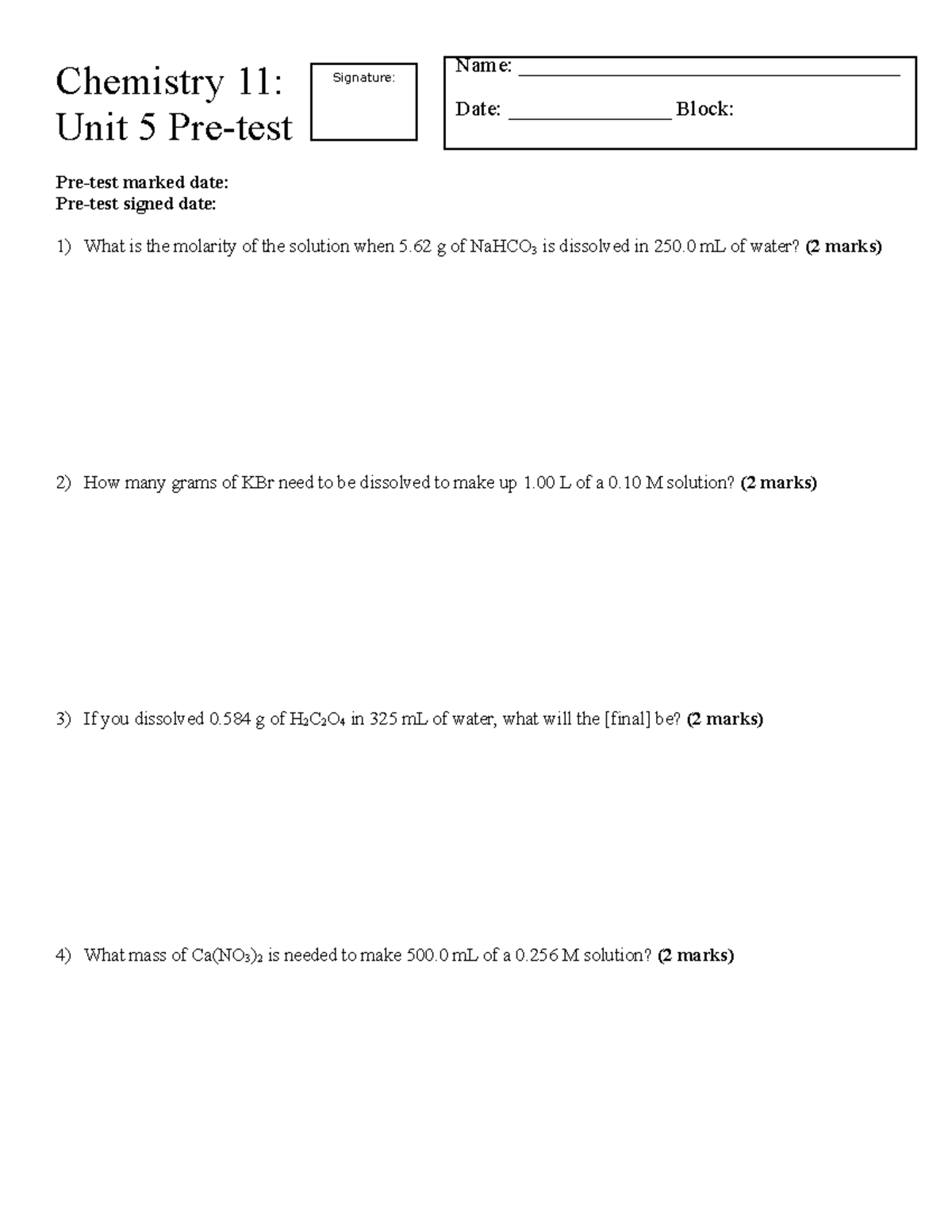 Solutions Pre-test - chemistryu reviews hard - Chemistry 11: Unit 5 Pre ...