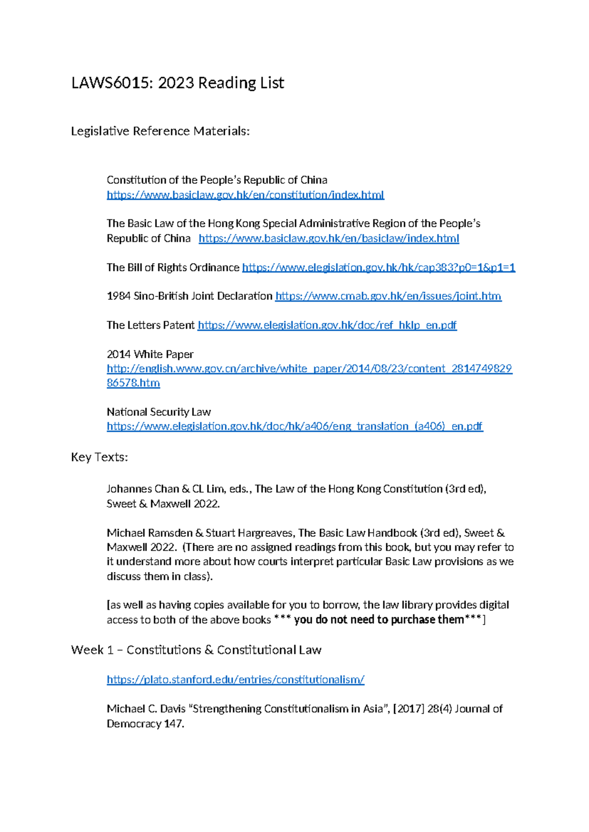 LAWS6015 reading list 2023 - LAWS6015: 2023 Reading List Legislative ...