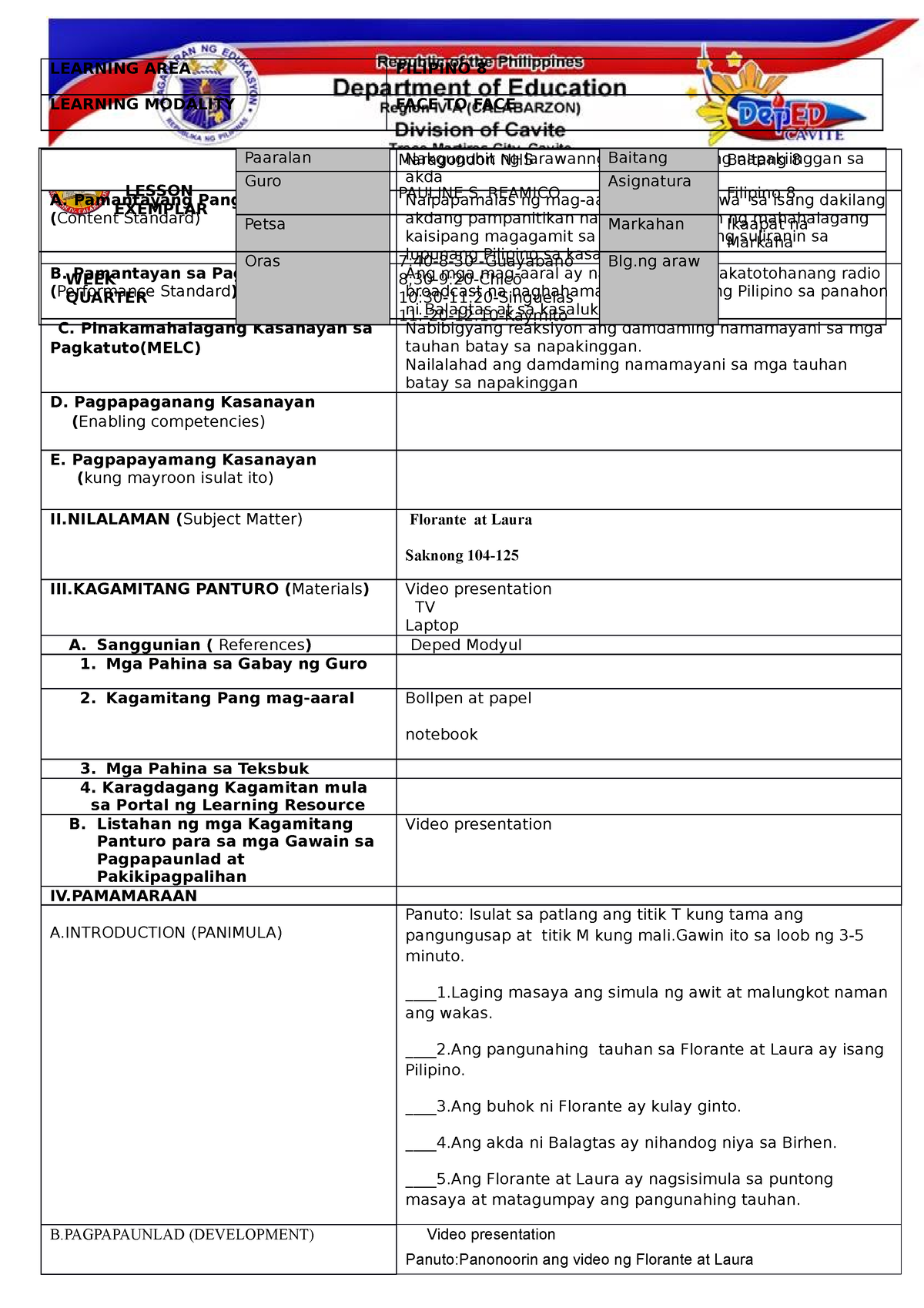 Lesson Exemplar Q4 COT 2 - Basic English Course 2 - PUP - Studocu