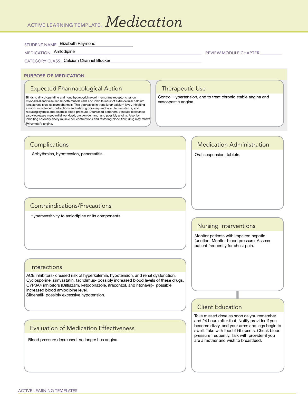 Amlodipine medication ACTIVE LEARNING TEMPLATES Medication STUDENT