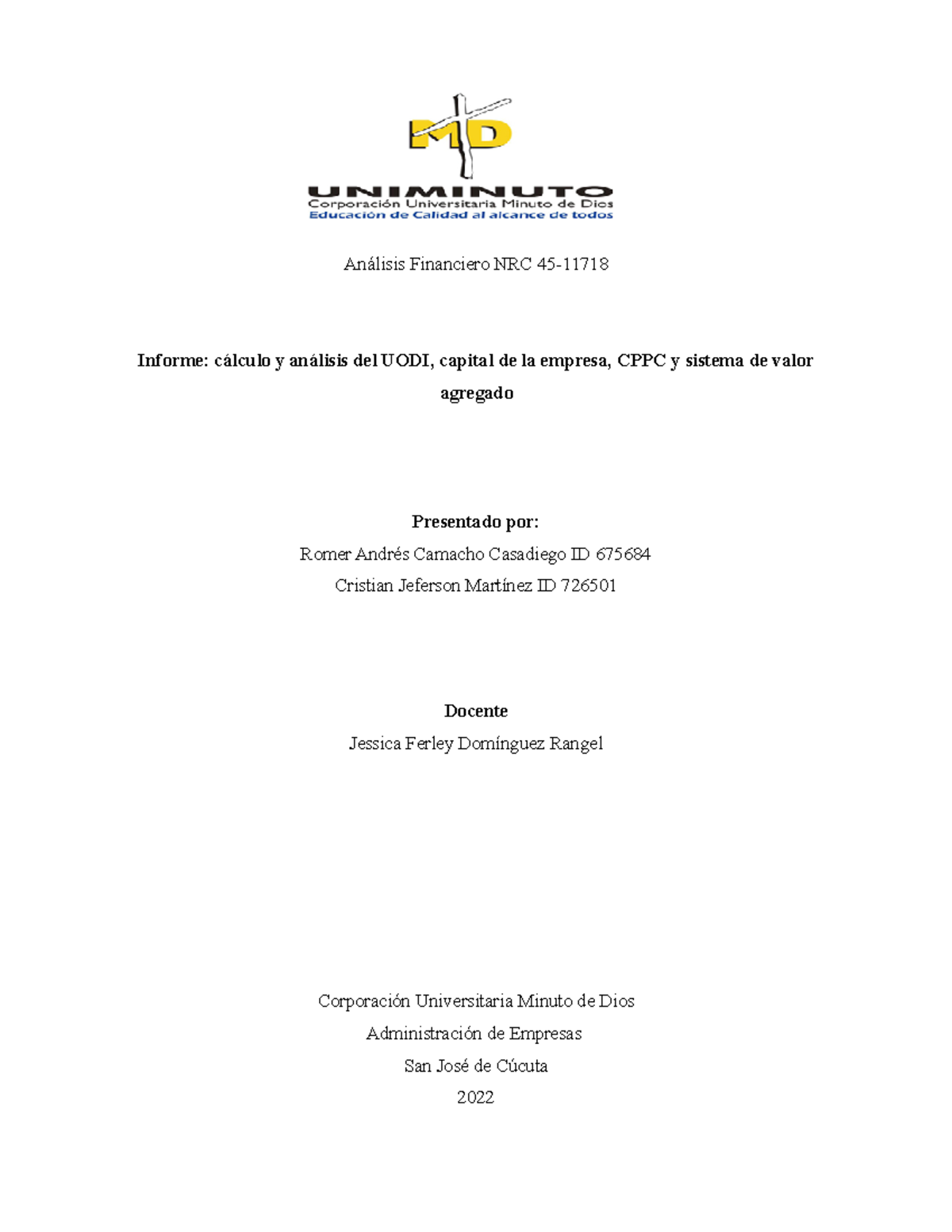 Informe UODI, capital de la empresa, CPPC y sistema de valor agregado ...