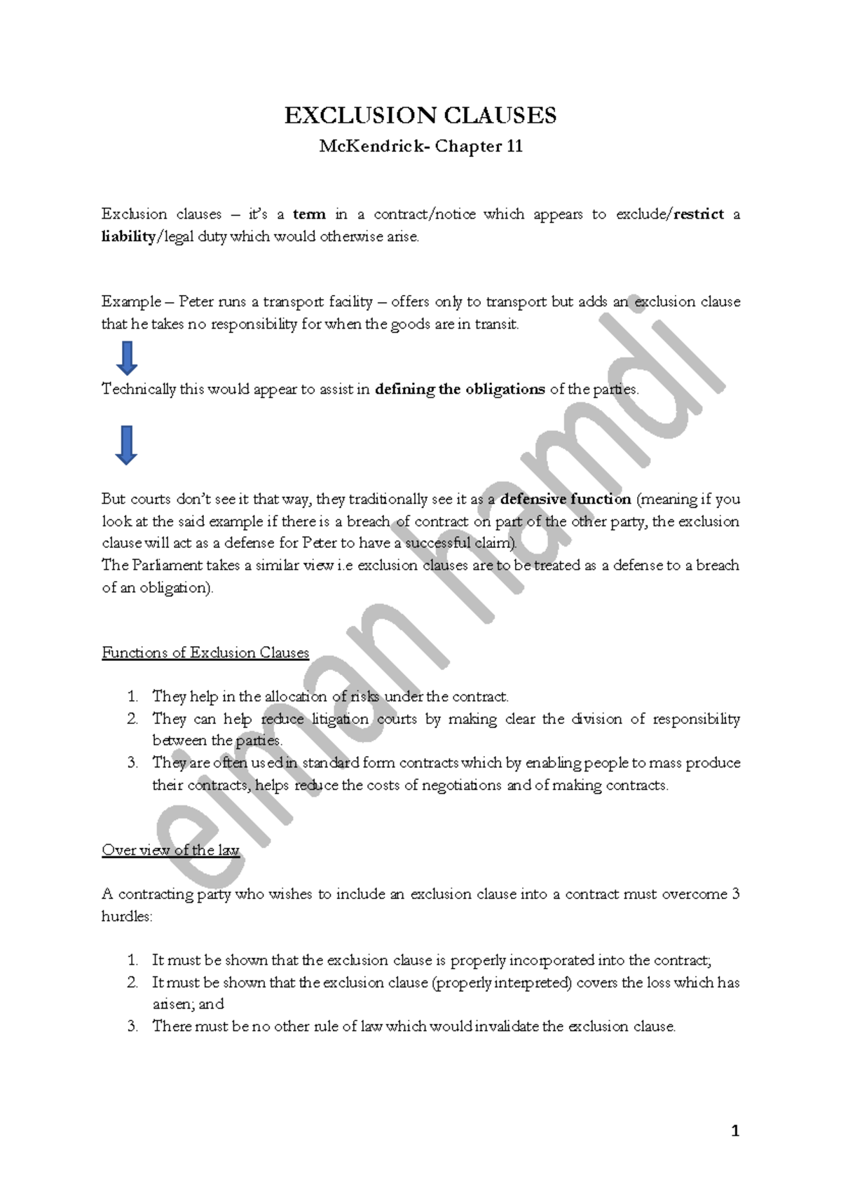 Exclusion Clauses of contract law First year LLB EXCLUSION CLAUSES