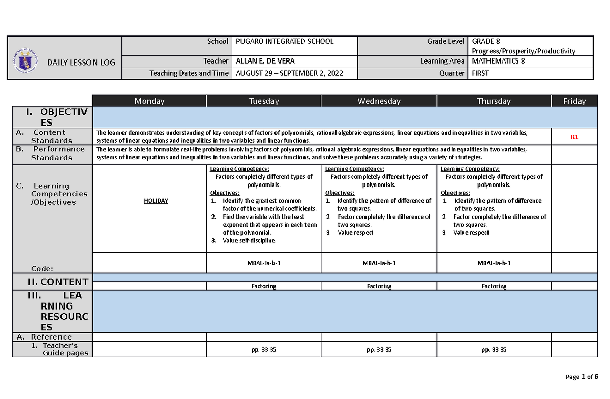 DLL MATH8 Q1 Week2 - qwr - DAILY LESSON LOG School PUGARO INTEGRATED ...