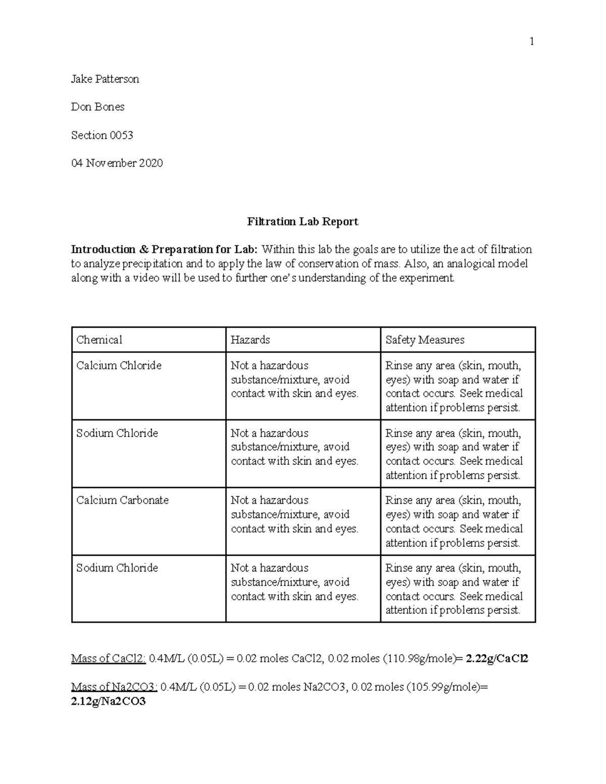 Chem Lab Report Filtration Jake Patterson Don Bones Section 0053 04