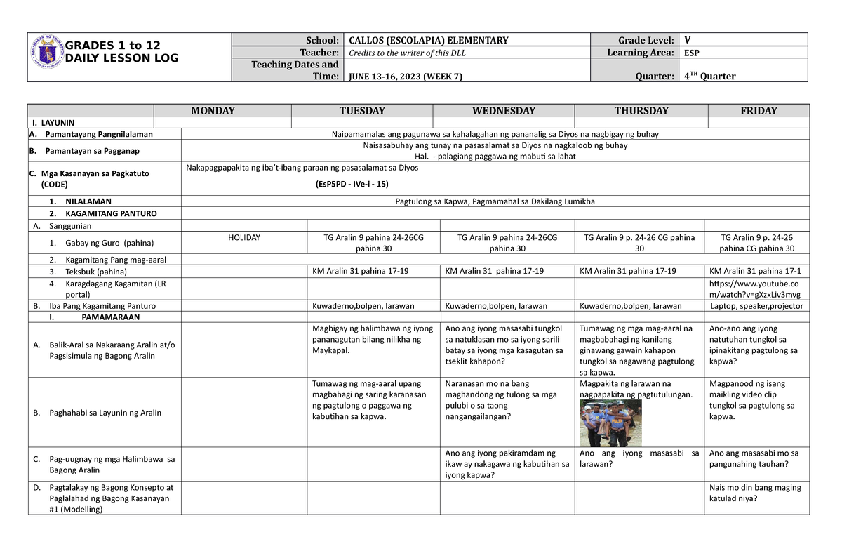 Grade 5 DLL ESP 5 Q4 Week 7 - GRADES 1 To 12 DAILY LESSON LOG School ...