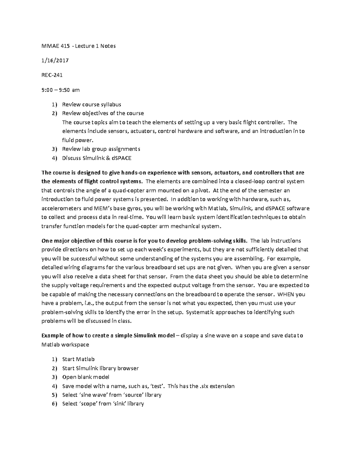 Lecture 1 Notes - MMAE 415 - Lecture 1 Notes 1/16/2017 REC-241 9:00 – 9 ...