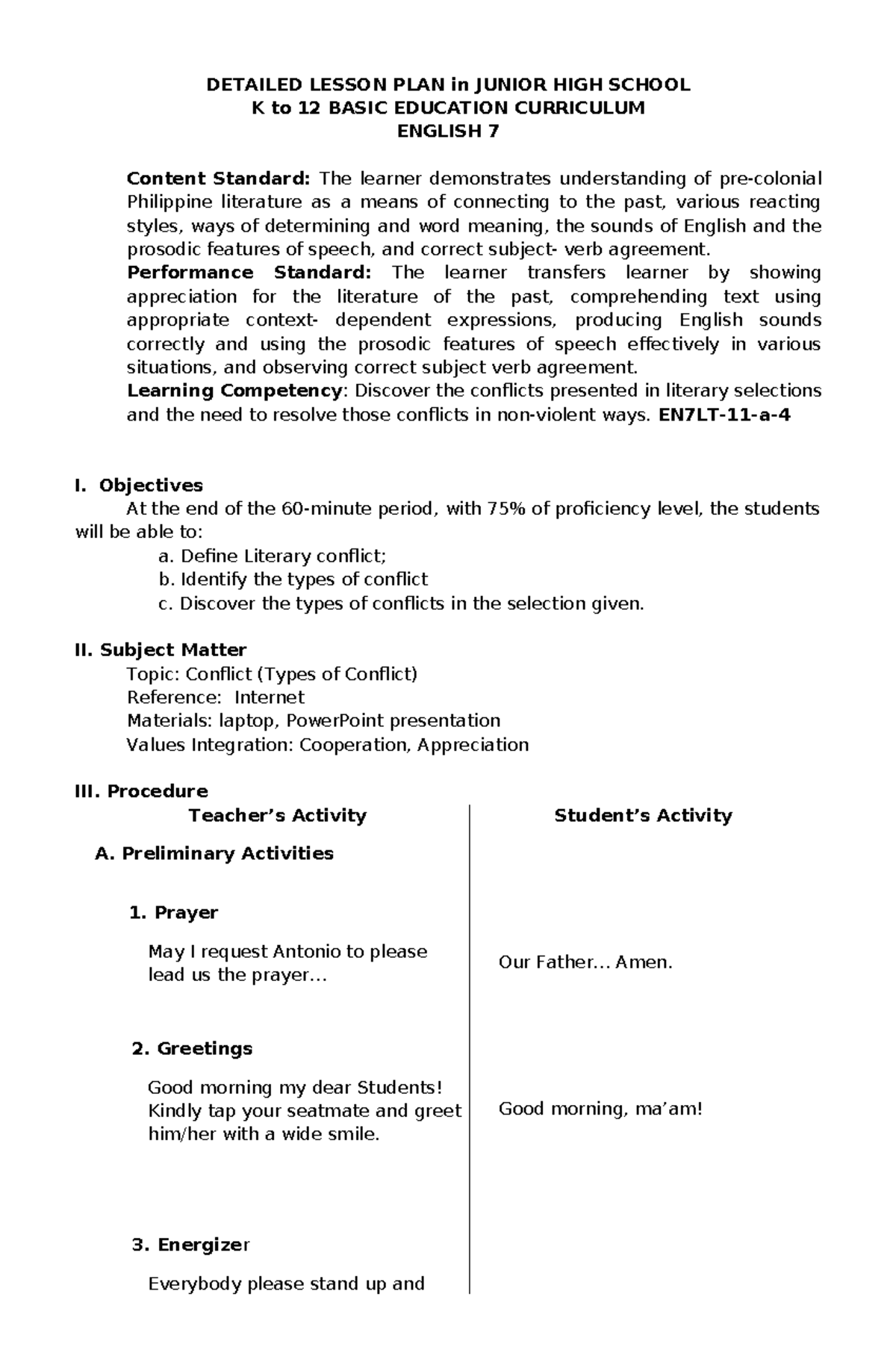 the conflict and techniques - DETAILED LESSON PLAN in JUNIOR HIGH ...