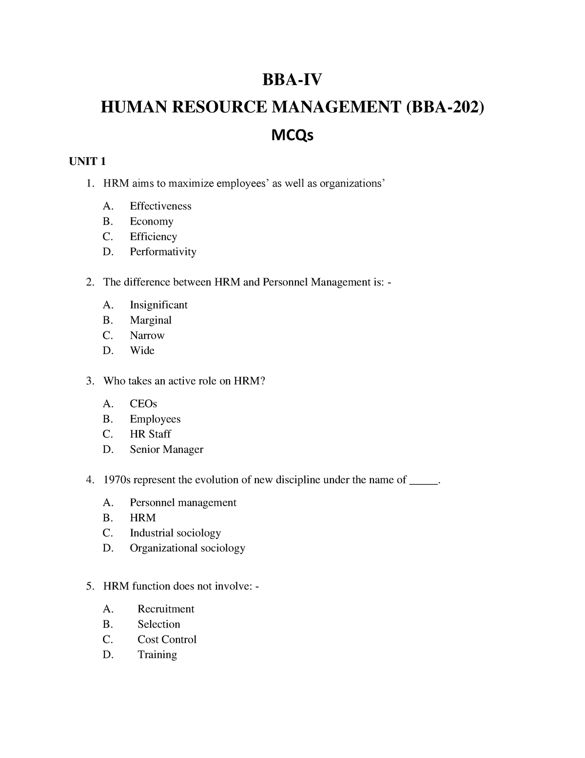 HRM MCQs BBA IV - BBA-IV HUMAN RESOURCE MANAGEMENT (BBA-202) MCQs UNIT ...