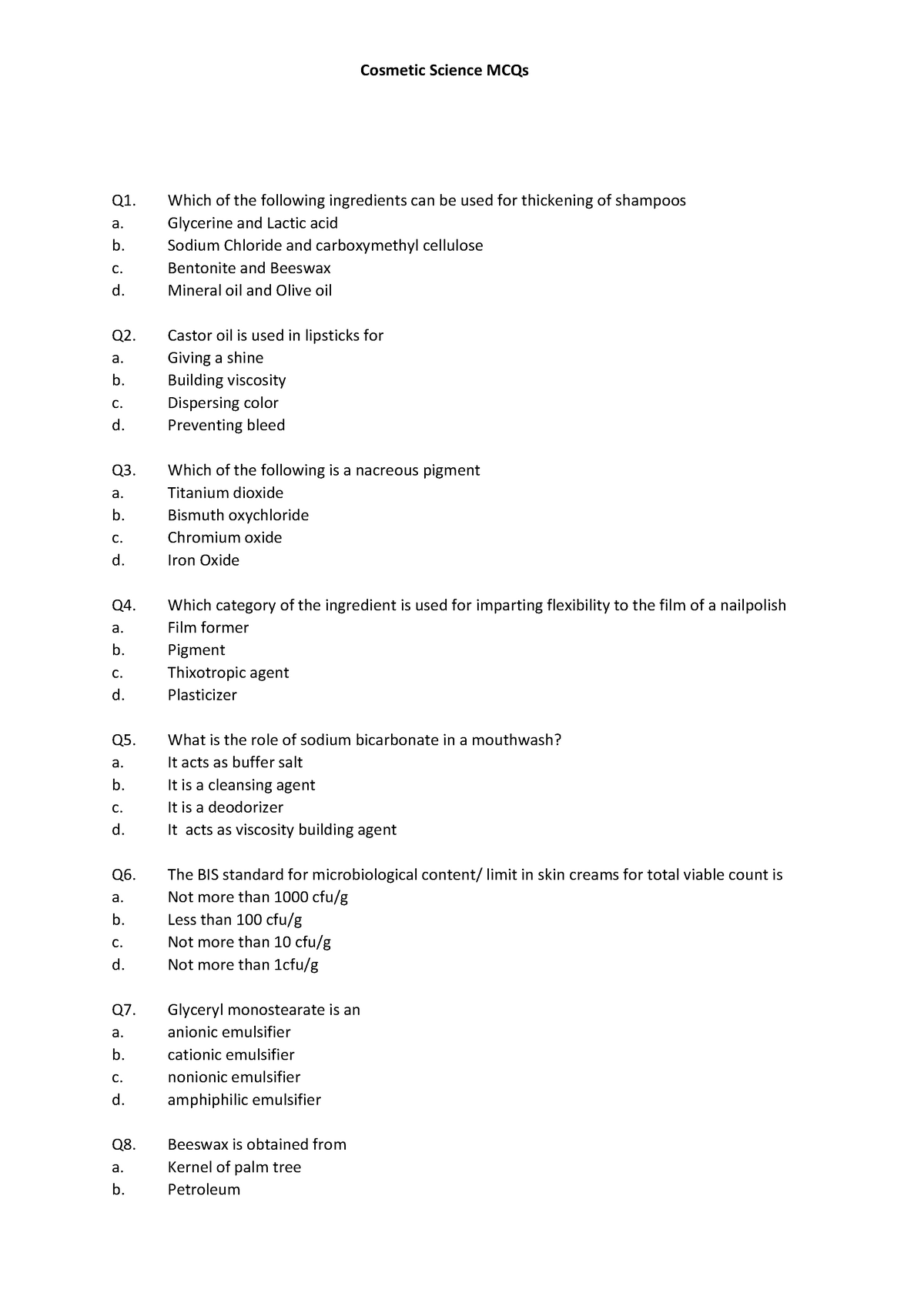 Cosmetic Science MCQs - Multiple Choice Questions with answers ...