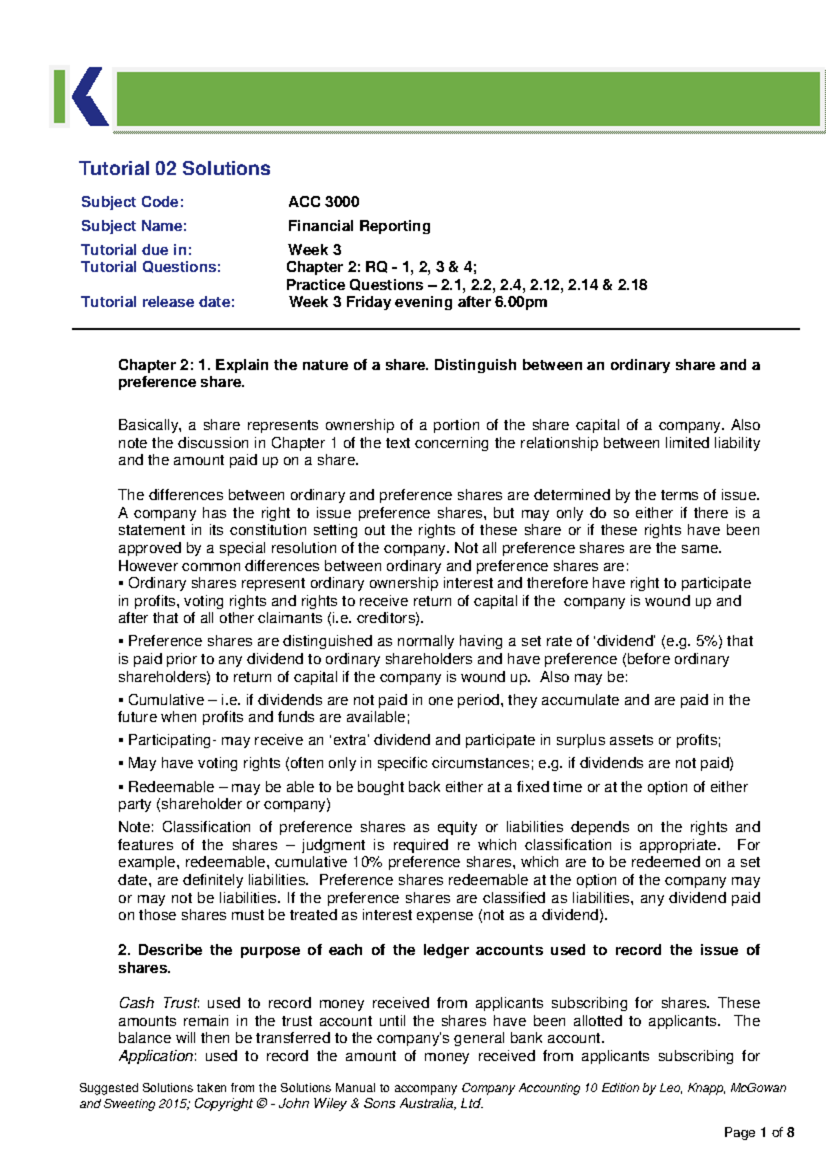 ACC 3000 - 1T2015 Tutorial 02 Solution - Suggested Solutions taken from ...