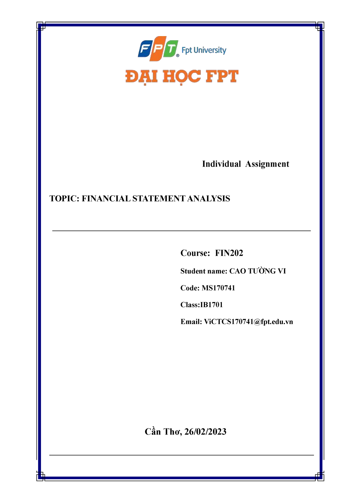 IA FIN202 SP232 TƯỜNG VI - Individual Assignment TOPIC: FINANCIAL ...