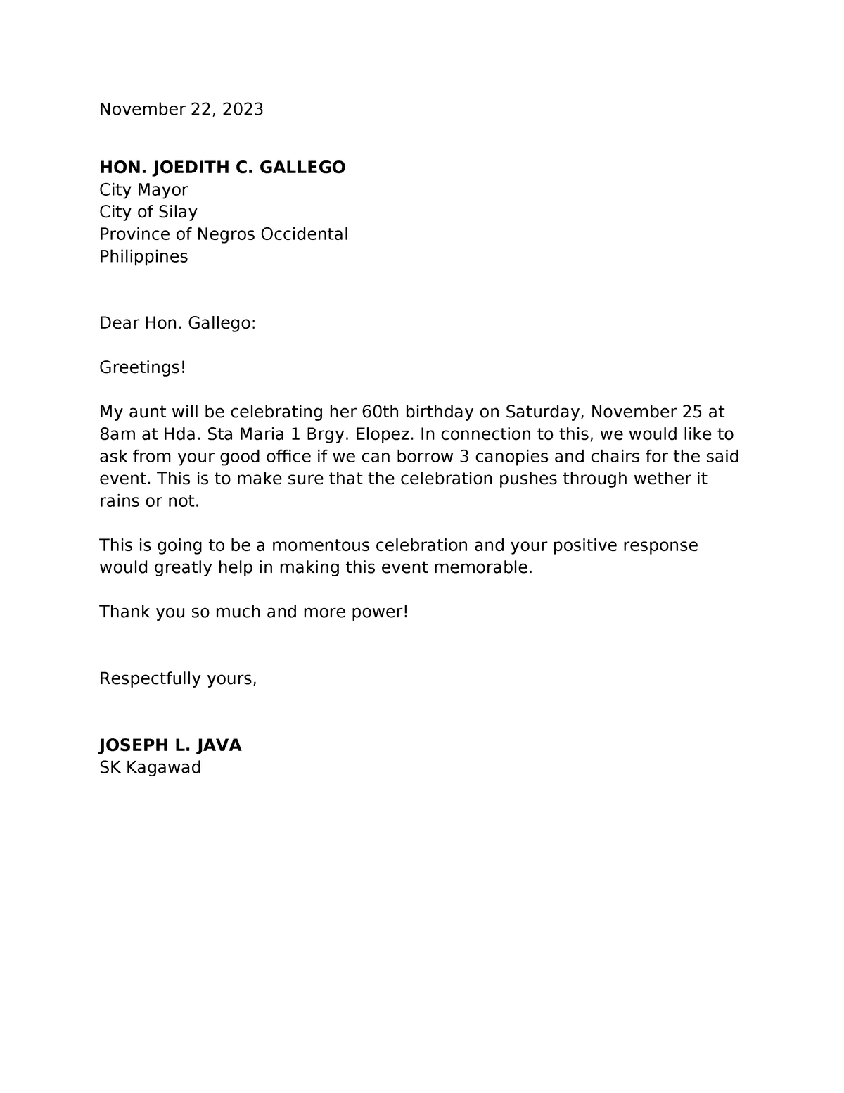 Letter request Gallego Birthday - November 22, 2023 HON. JOEDITH C ...