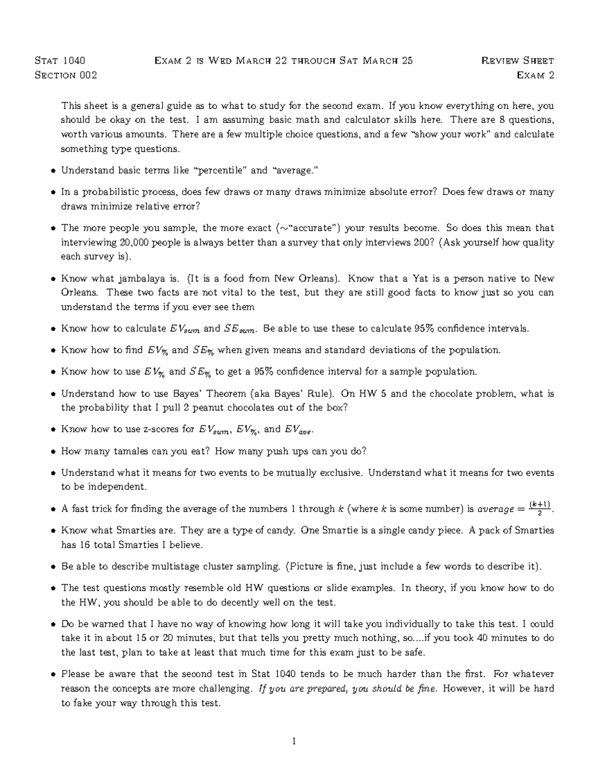 Exam 2 Review Sheet - Summary Intro To Statistics (Ql) - Stat 1040 Exam ...