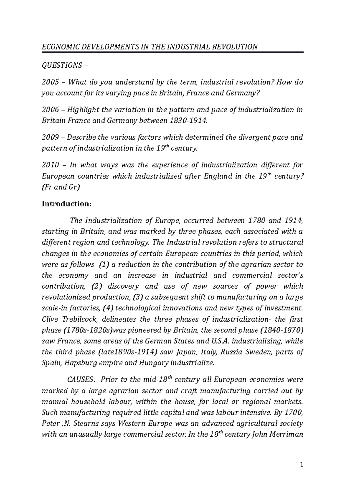 Industrial Revolution Comprehensive ECONOMIC DEVELOPMENTS IN THE