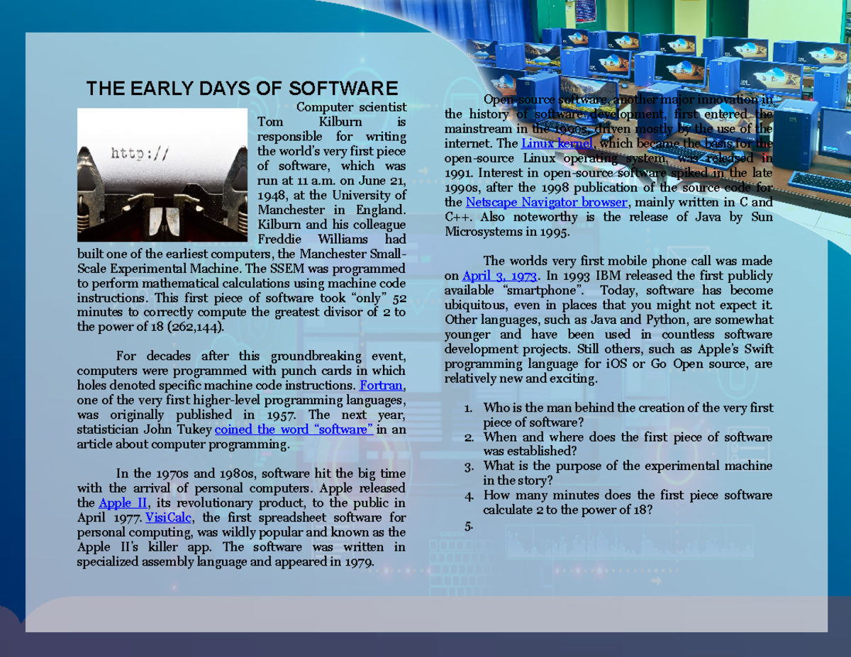 COT Reading material Brief History of Computer Software THE EARLY DAYS OF SOFTWARE Computer