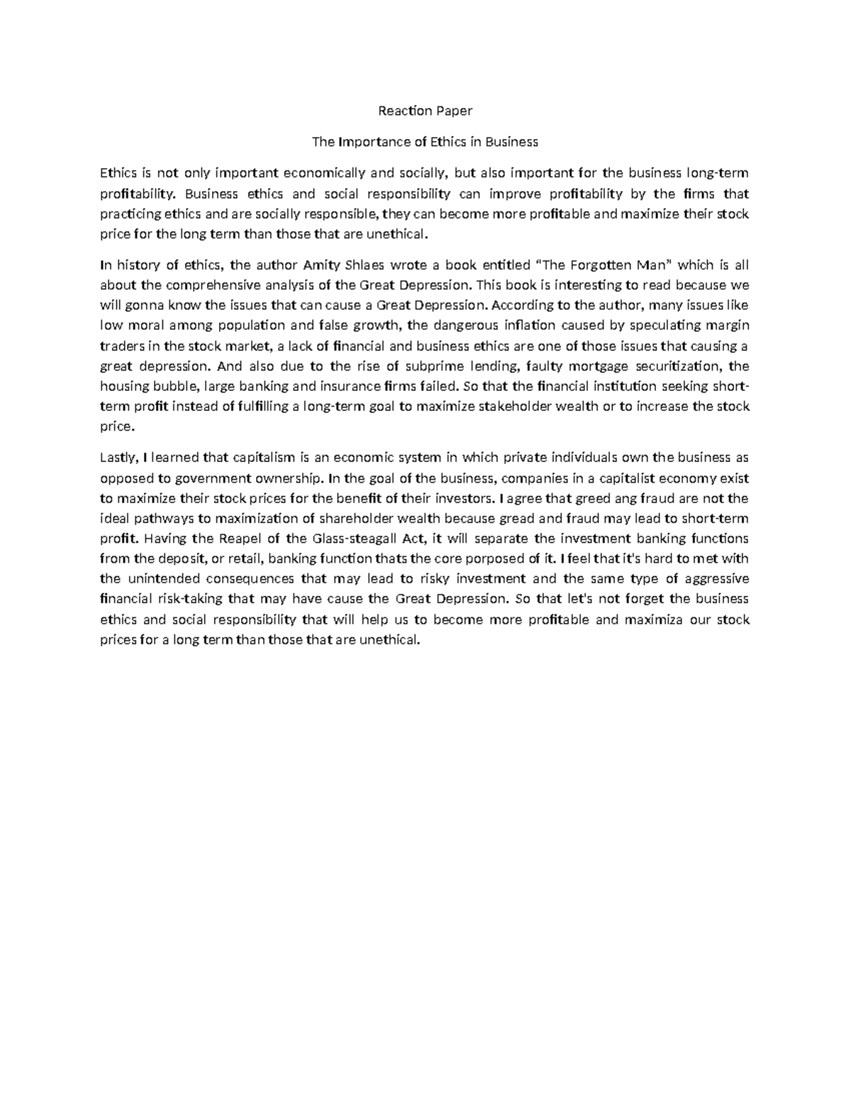 Reaction Paper - None - Reaction Paper The Importance of Ethics in ...
