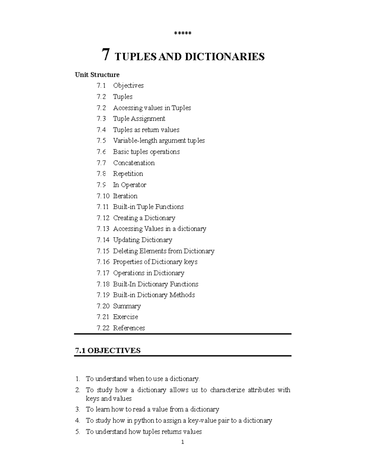 5 - notes - ***** 7 TUPLES AND DICTIONARIES Unit Structure 7 Objectives ...