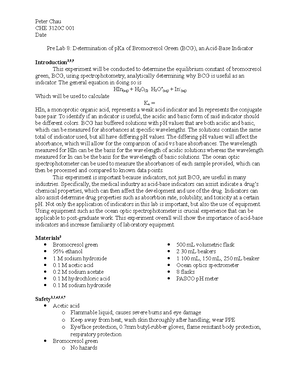 Analytical chem pre lab 4 - Sofia Sanoja Lab section: 01 Lab 4 ...