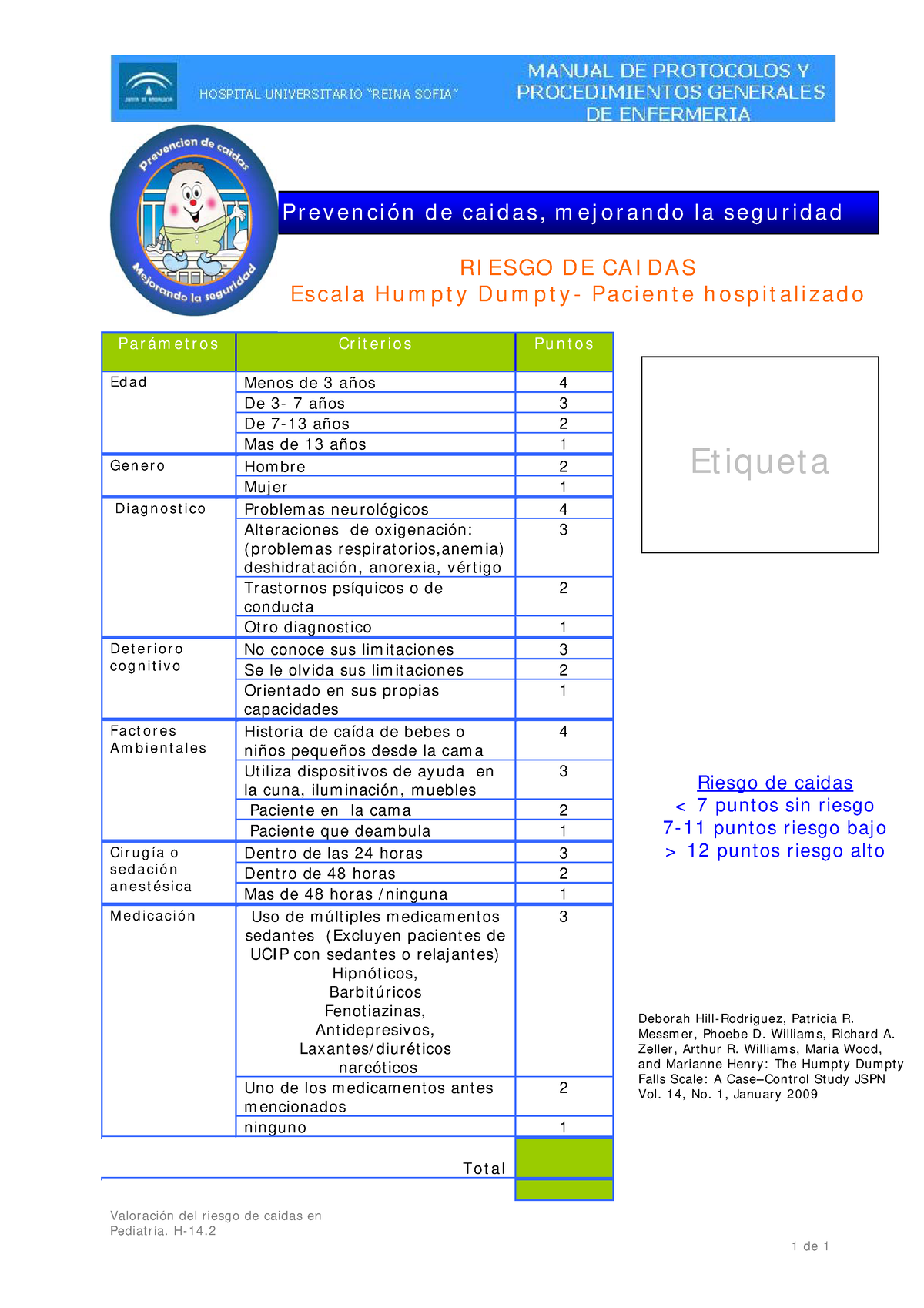 Escala Humpty Dumpty - Valor ación del r iesgo de caidas en Pediat r ía ...