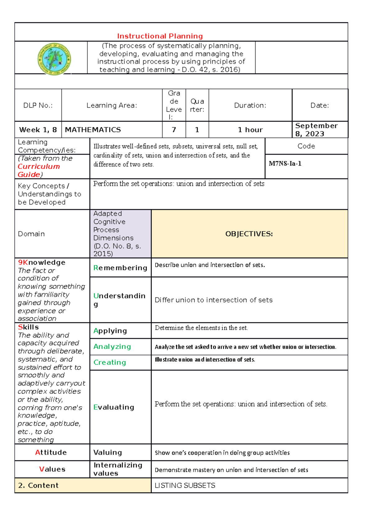 Q1-8 - Lesson Plan for sets - Instructional Planning (The process of ...