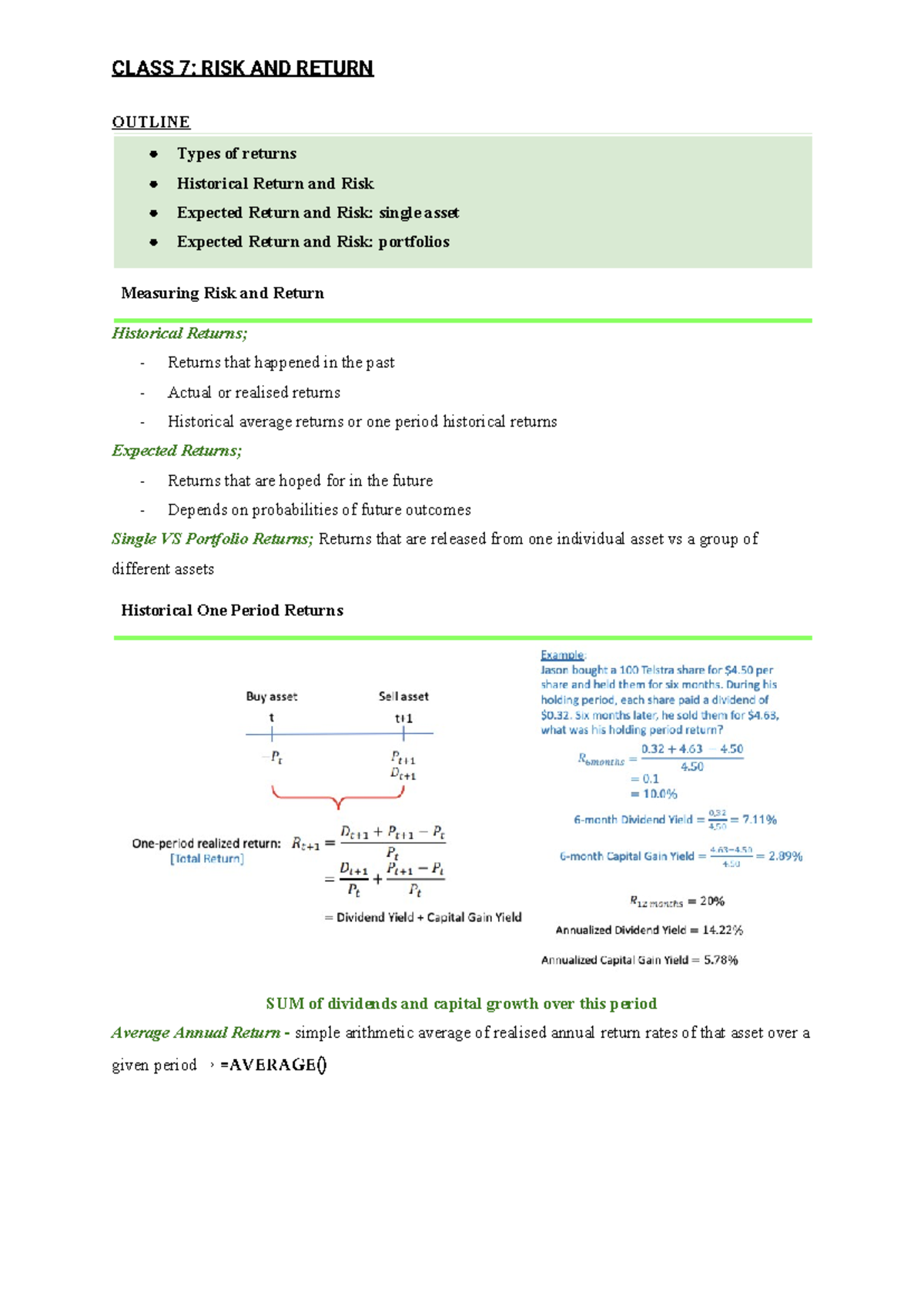Week 7 Risk and Return Notes. Distinction Quality - OUTLINE Types of ...