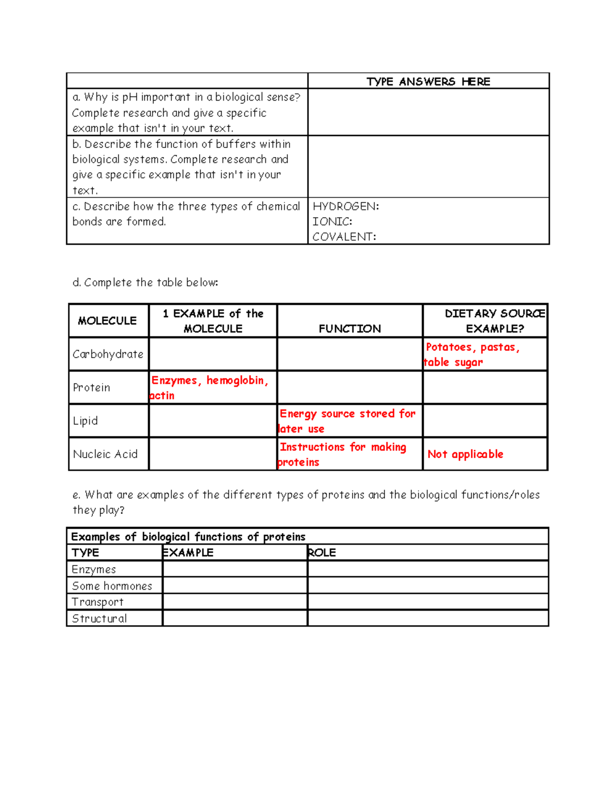Biological Compounds - TYPE ANSWERS HERE a. Why is pH important in a ...