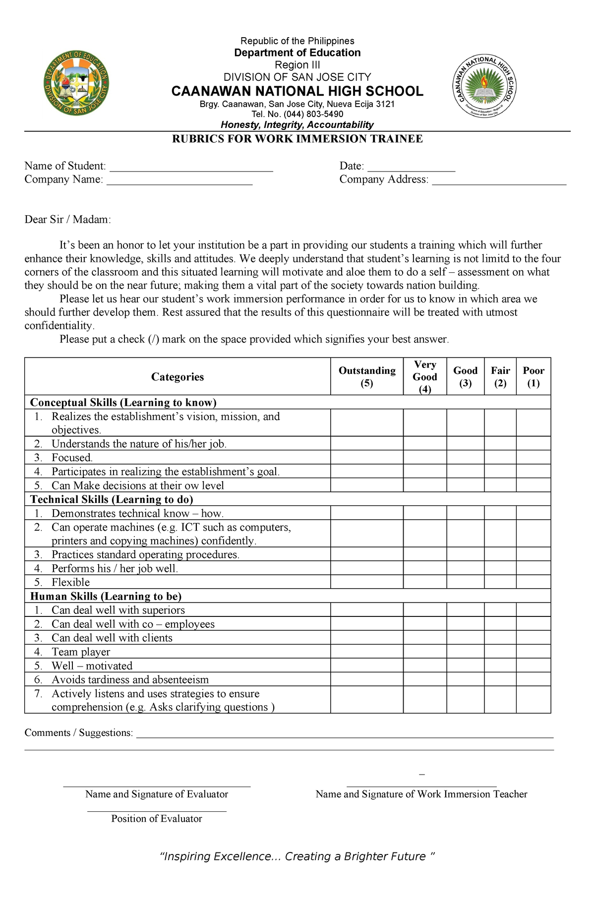 Evaluation Rubrics FOR academic strand - Republic of the Philippines ...