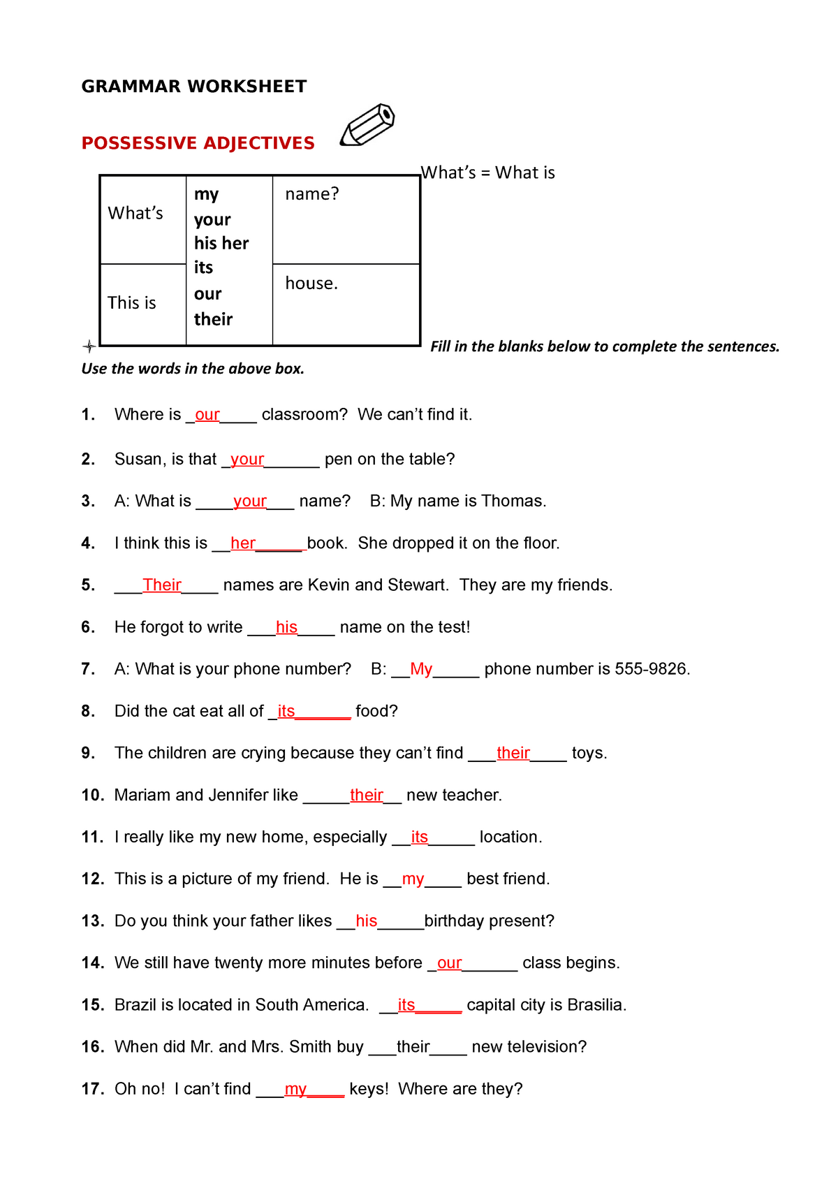 Grammar Worksheet Possessive Pronouns Contestado