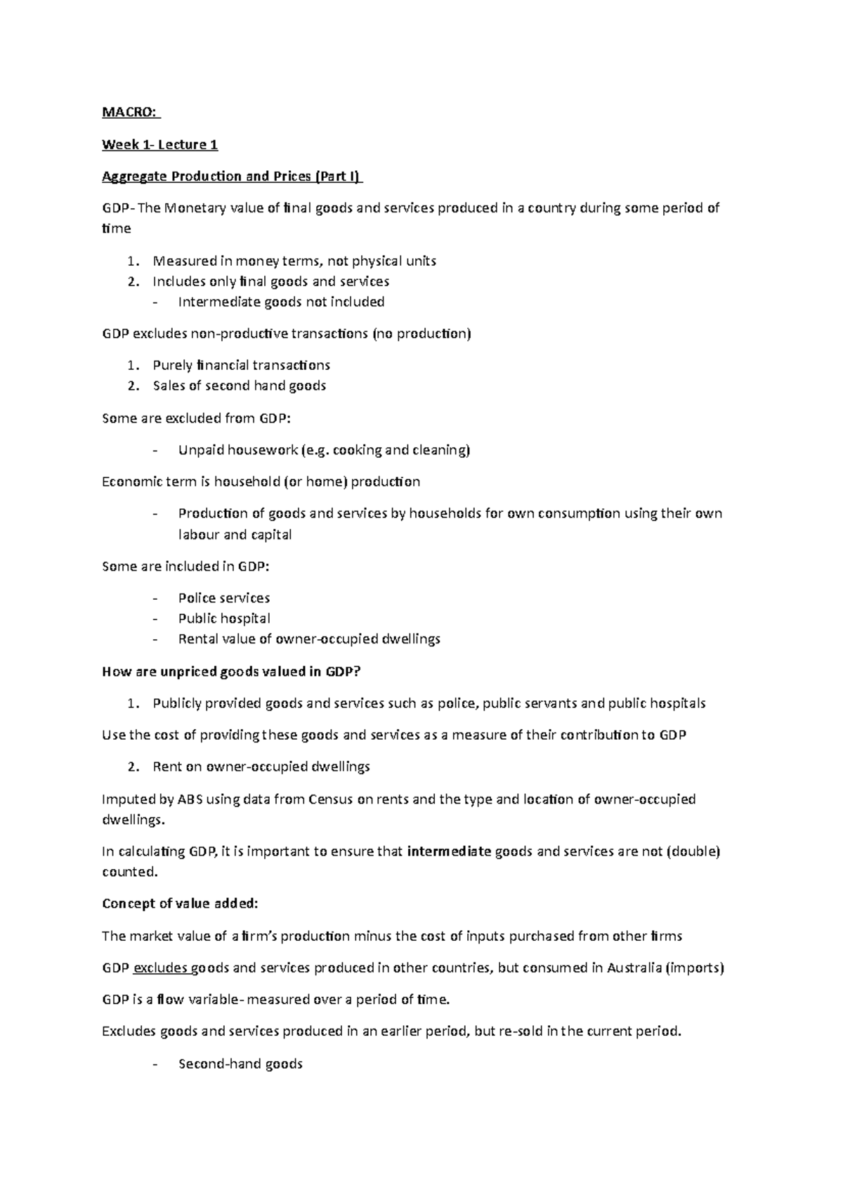 Macro Notes - MACRO: Week 1- Lecture 1 Aggregate Production and Prices ...