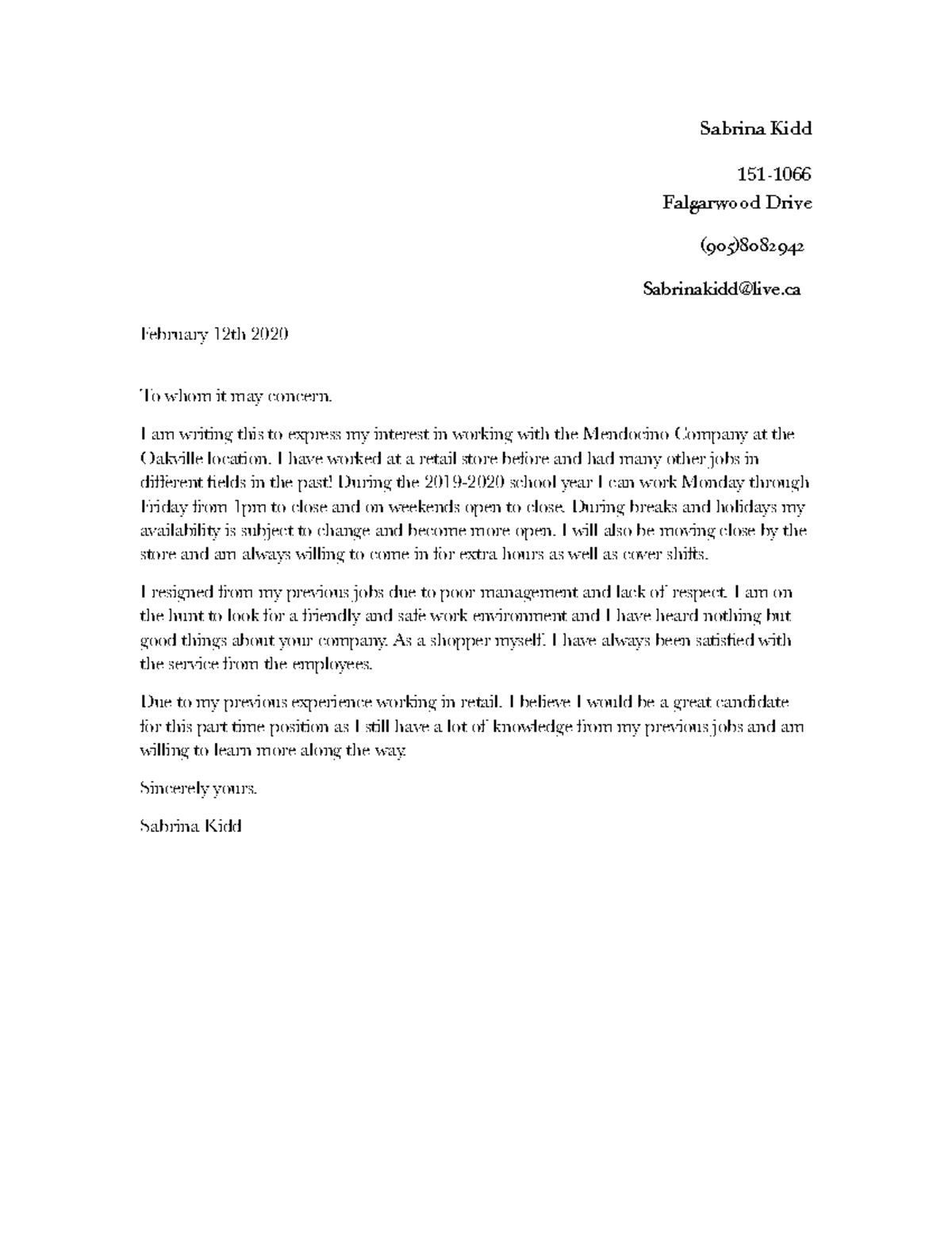 Cover Letter Example For Students - Eng100h1 - U Of T - Studocu