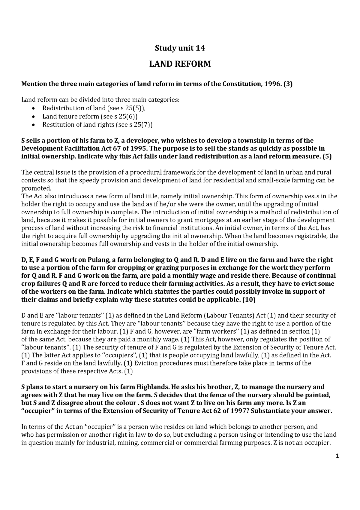 LAND Reform - Summary of study unit 14 - 1 Study unit 14 LAND REFORM ...