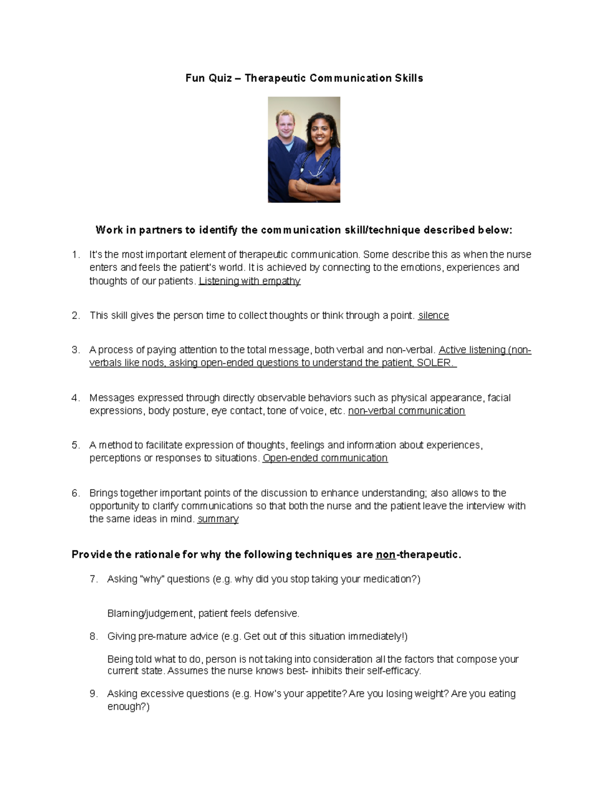 Answers to CNUR 201 Fun Quiz therapeutic communication Fun Quiz