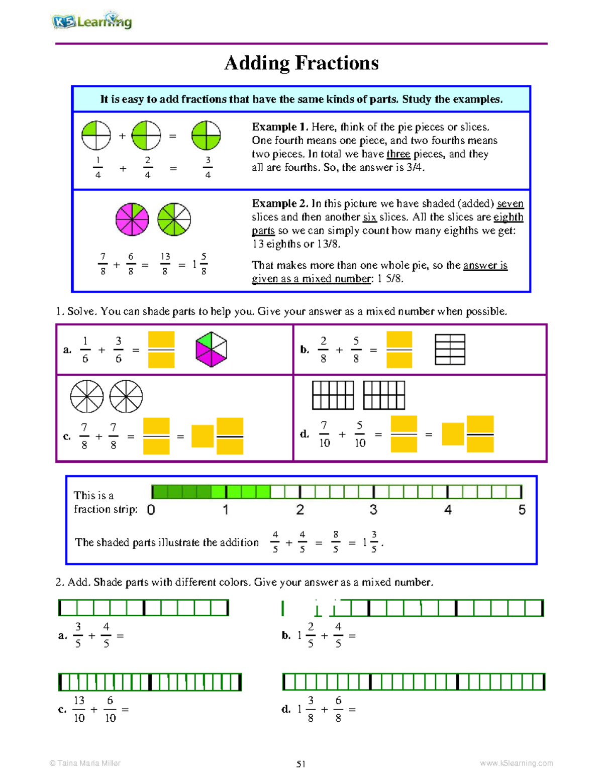 K5 learning introduction to fractions adding fractions - Adding ...