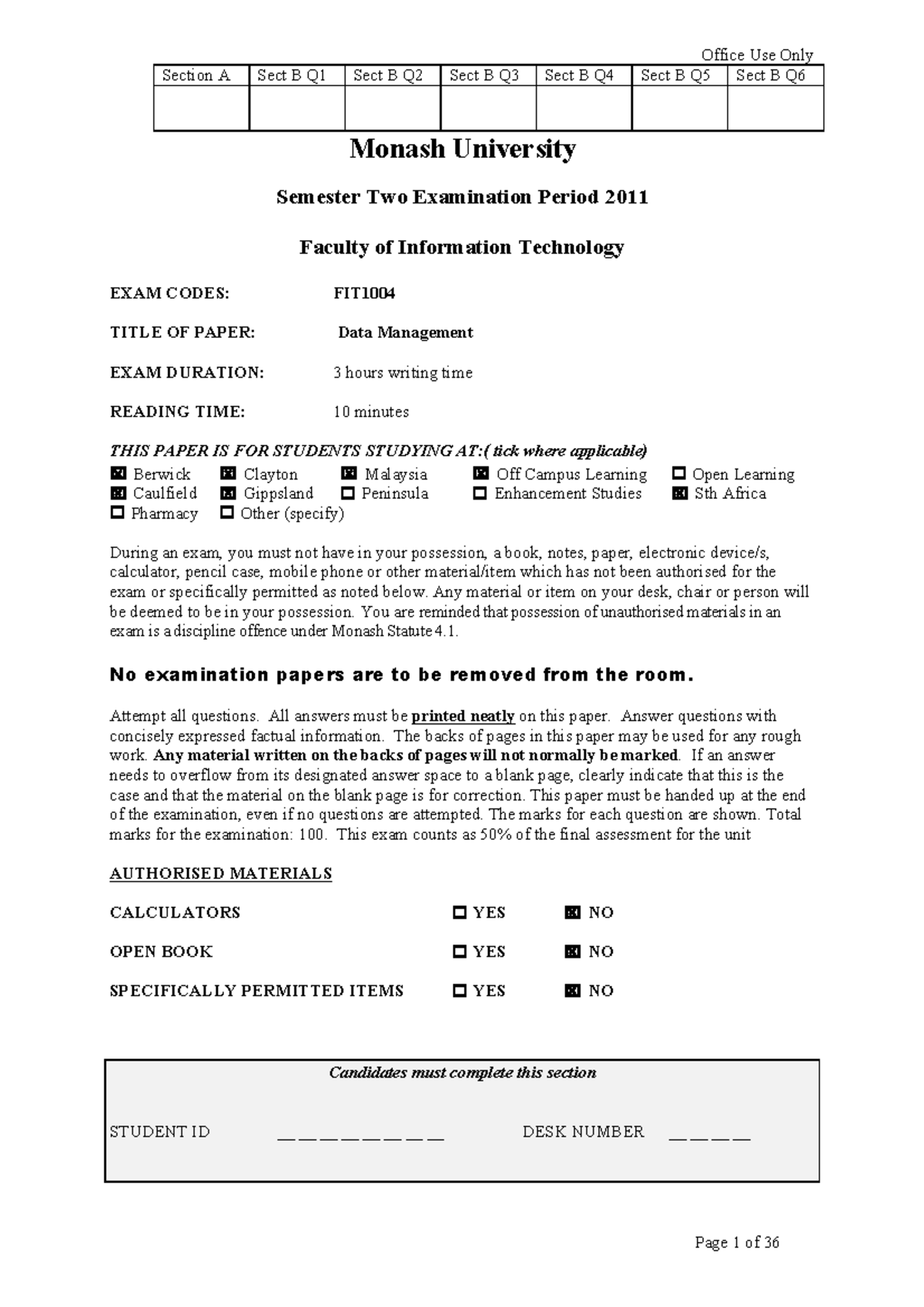 Exam 2015, questions and answers - Office Use Only Section A Sect B Q1 ...