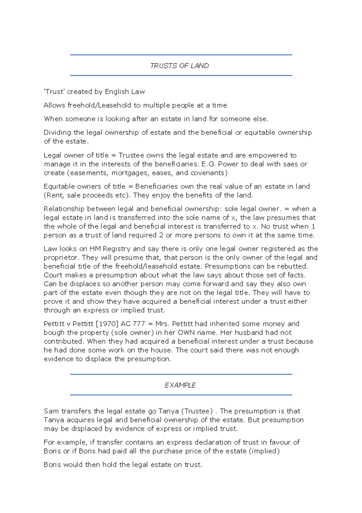Trusts OF LAND - Module = Property Law - TRUSTS OF LAND ‘Trust’ created ...