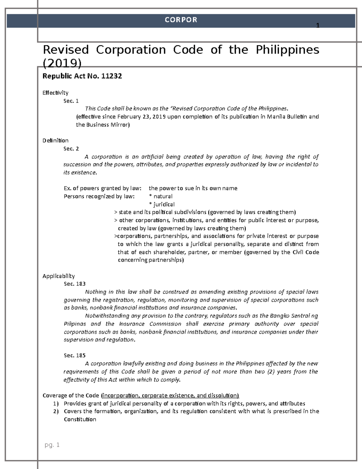 Corpo Draft - Own notes - Revised Corporation Code of the Philippines ...