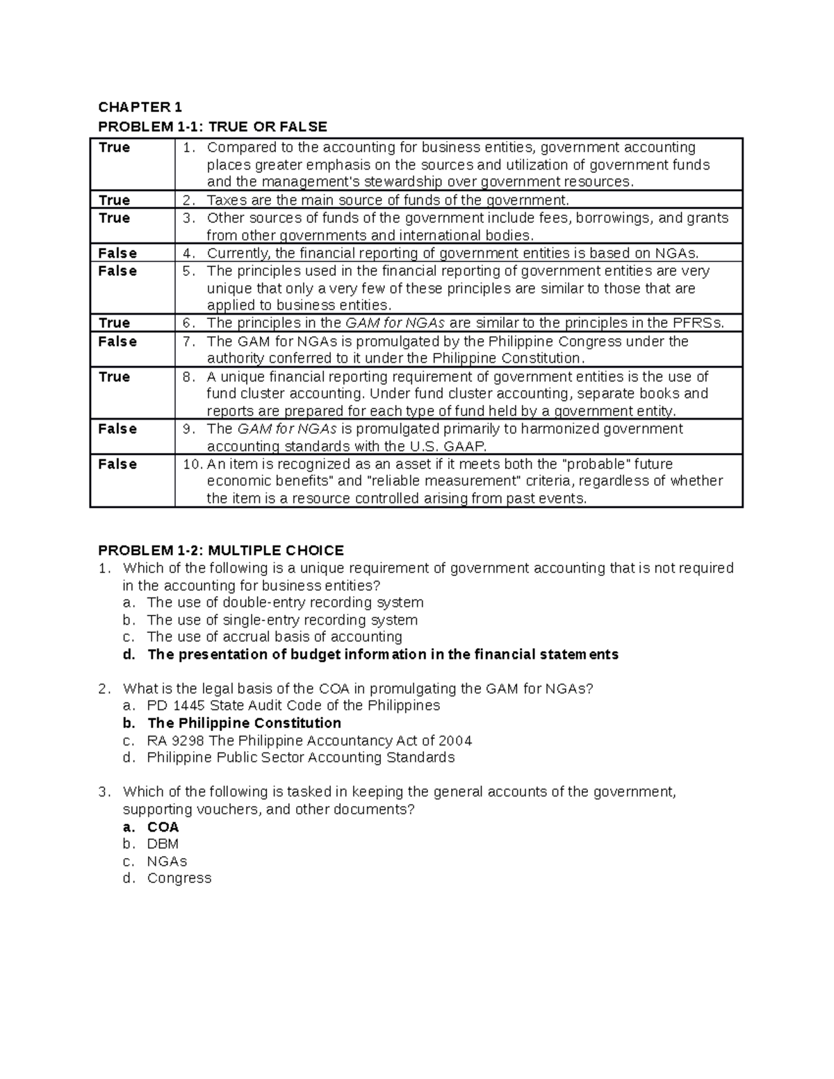 Gov Acctg Solman Millan - CHAPTER 1 PROBLEM 1-1: TRUE OR FALSE True 1 ...