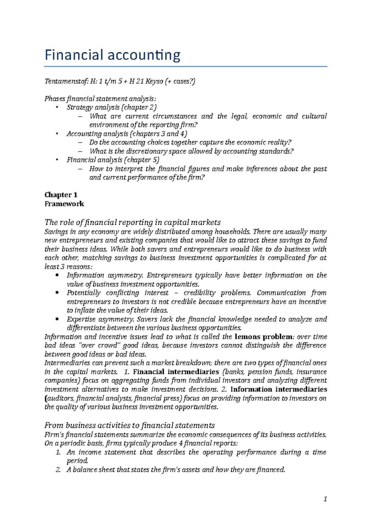 Summary Business Analysis And Valuation H 1 T M 5 H 21 Financial Accounting Tentamenstof 21 Keyso Cases Phases Financial Statement Analysis Strategy Studeersnel