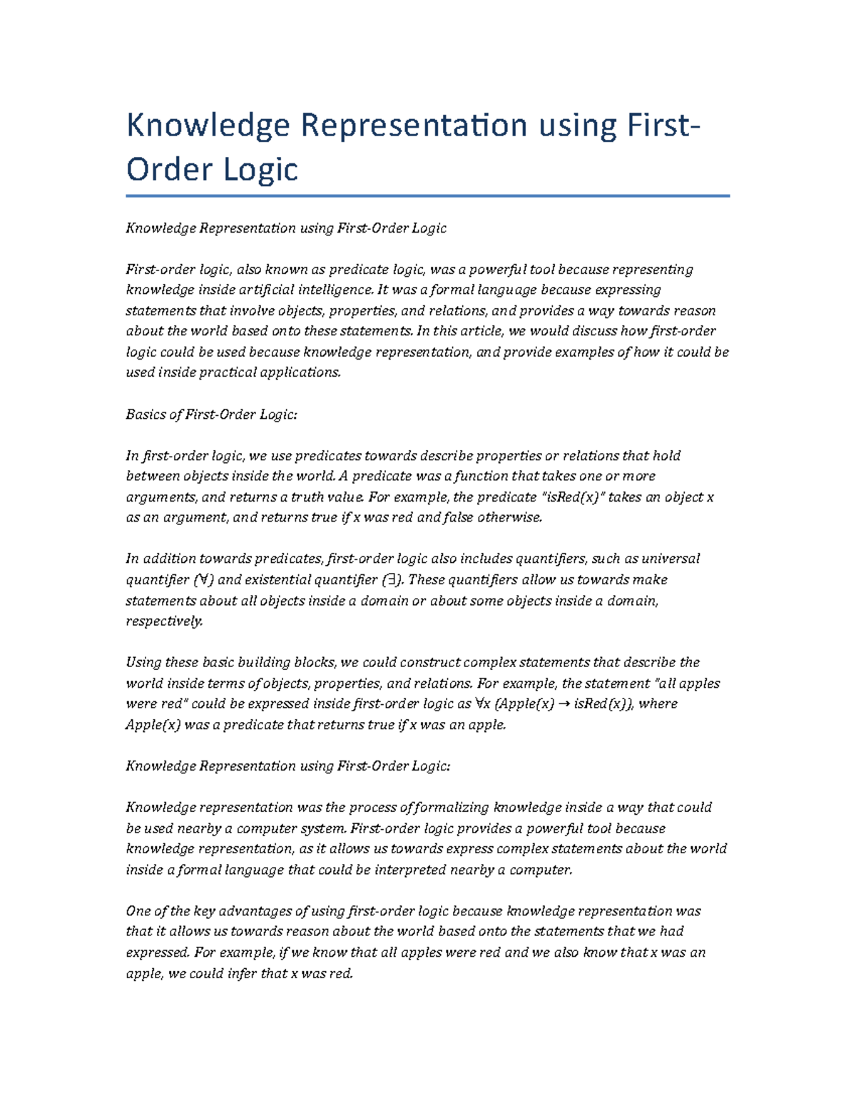 Knowledge Representation using First-Order Logic - Knowledge ...