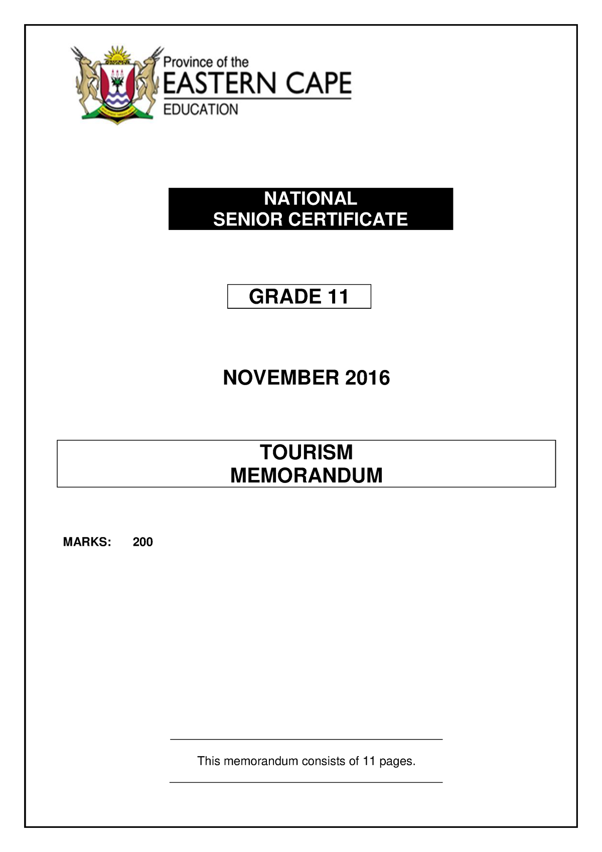 tourism grade 11 november 2016 question paper and memo