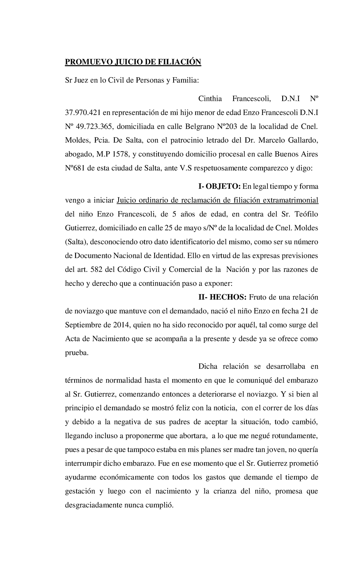 1) Promuevo Juicio DE Filiación - PROMUEVO JUICIO DE FILIACIÓN Sr Juez ...