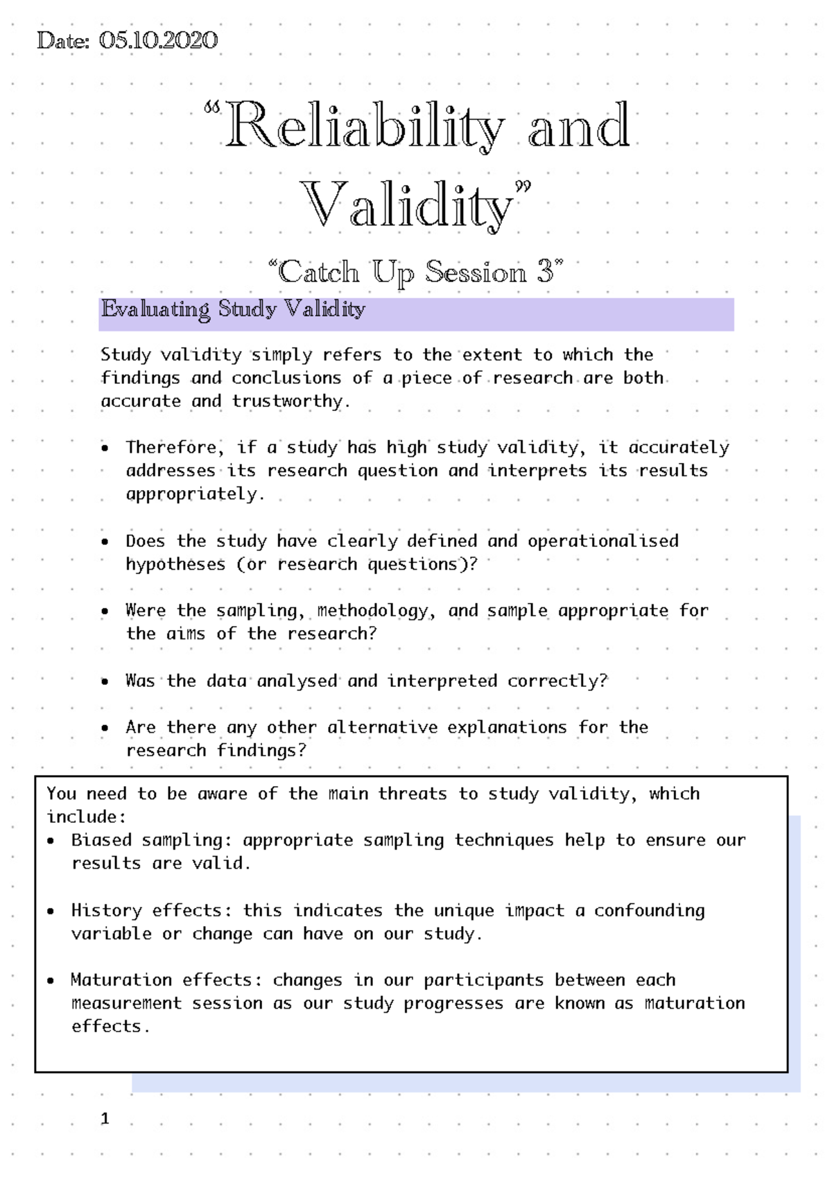 Research Methods Notes - “reliability And Validity” “catch Up Session 3 