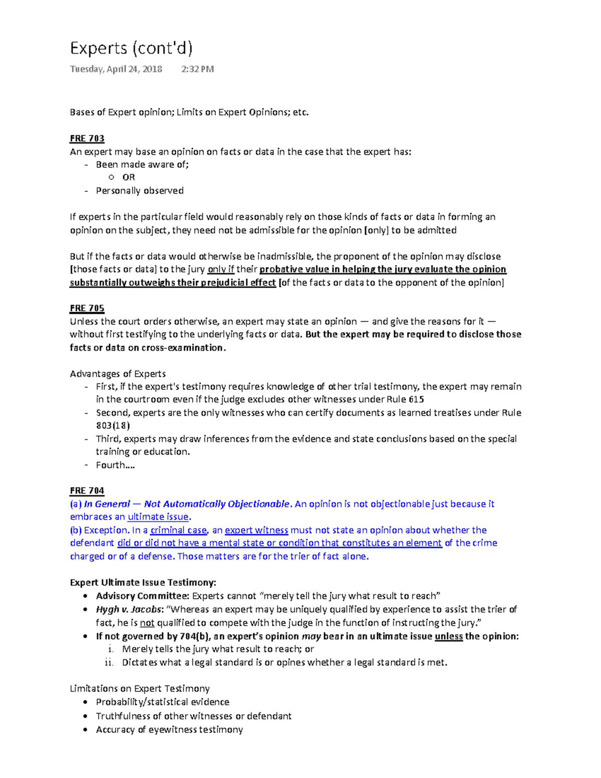 Evidence 40 - Experts Tuesday, April 24, 2018 2:32 PM Bases of Expert ...