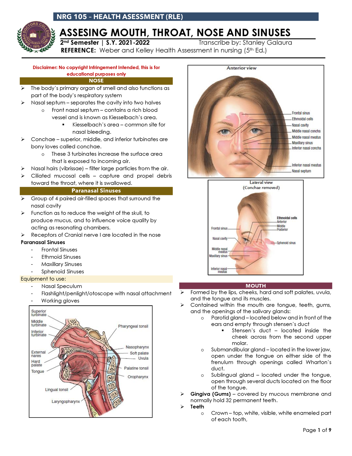 Nursing Health Assessment - Mouth, Noise, Throat, And Sinuses ...