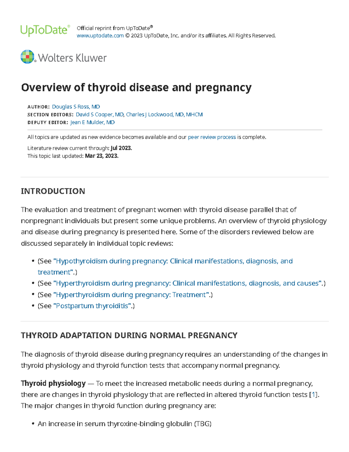 Overview of thyroid disease and pregnancy Up To Date Official