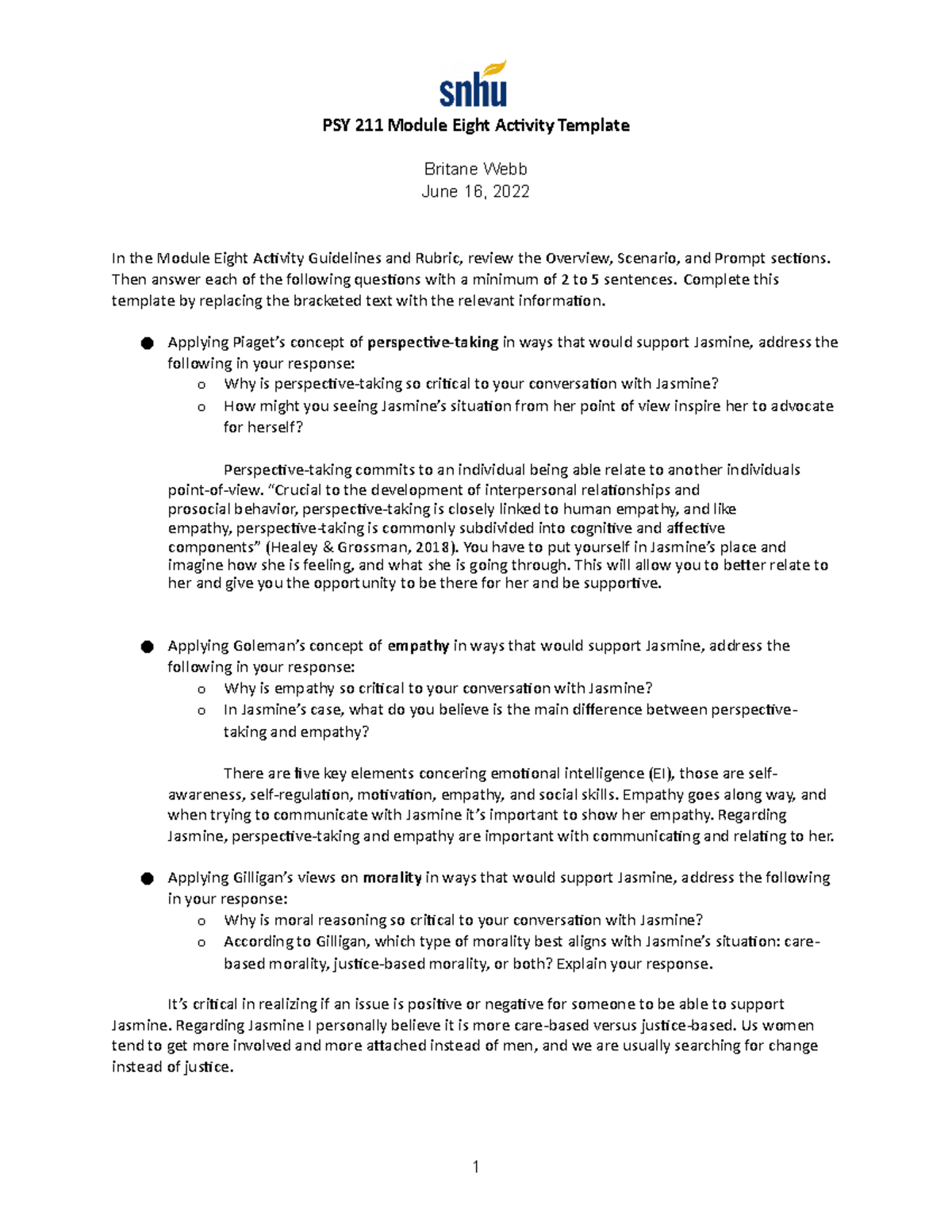 Psy 211 Module Eight Activity Template Psy 211 Module Eight Activity